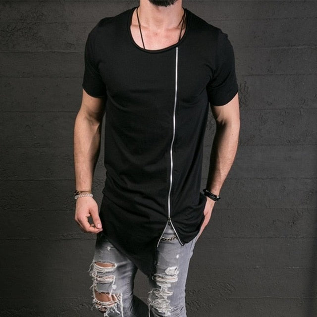 New Fashion Asymmetrical Men Long T shirt Side Zipper O Neck Short Sle –  Hazakica