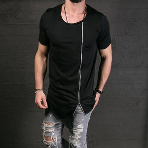 New Fashion Asymmetrical Men Long T shirt  Side Zipper O Neck Short Sleeve T-Shirt Hip Hip Tops Tee Long middle zipper tshirt