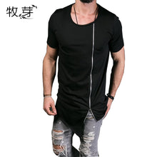 Load image into Gallery viewer, New Fashion Asymmetrical Men Long T shirt  Side Zipper O Neck Short Sleeve T-Shirt Hip Hip Tops Tee Long middle zipper tshirt