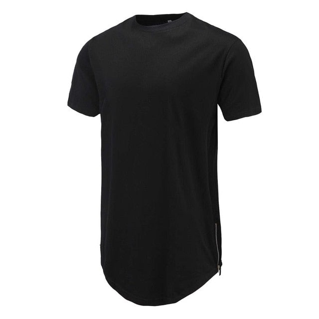 Men Casual T-Shirt Curve Hem Side With Zipper Short Sleeve Streetwear Men Long line Hip Pop Style Tops Fashion Men Extend Swag T