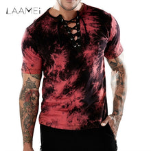 Load image into Gallery viewer, Laamei Brand Men Summer Soft T-shirt Sexy Cool Printed Tees Short Sleeve Lace Up Tops Daily Men&#39;s Wear T-shirt Tops