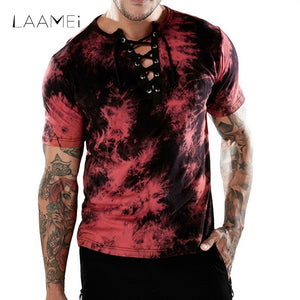 Laamei Brand Men Summer Soft T-shirt Sexy Cool Printed Tees Short Sleeve Lace Up Tops Daily Men's Wear T-shirt Tops