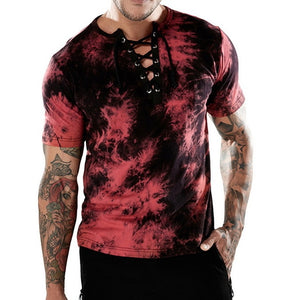 Laamei Brand Men Summer Soft T-shirt Sexy Cool Printed Tees Short Sleeve Lace Up Tops Daily Men's Wear T-shirt Tops