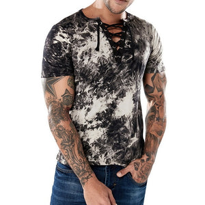 Laamei Brand Men Summer Soft T-shirt Sexy Cool Printed Tees Short Sleeve Lace Up Tops Daily Men's Wear T-shirt Tops