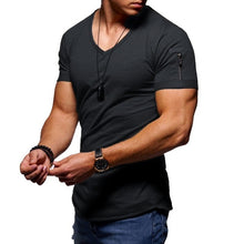 Load image into Gallery viewer, 2019 new men&#39;s V-neck T-shirt fitness bodybuilding T-shirt high street summer short-sleeved zipper casual cotton top