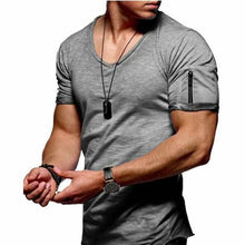 Load image into Gallery viewer, 2019 new men&#39;s V-neck T-shirt fitness bodybuilding T-shirt high street summer short-sleeved zipper casual cotton top