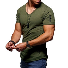 Load image into Gallery viewer, 2019 new men&#39;s V-neck T-shirt fitness bodybuilding T-shirt high street summer short-sleeved zipper casual cotton top